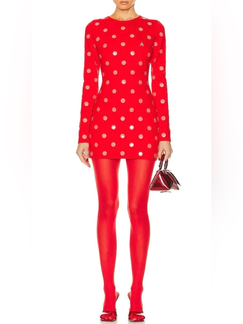 AREA $695 NWT Polka Dot Long Sleeve Mini Dress in Red